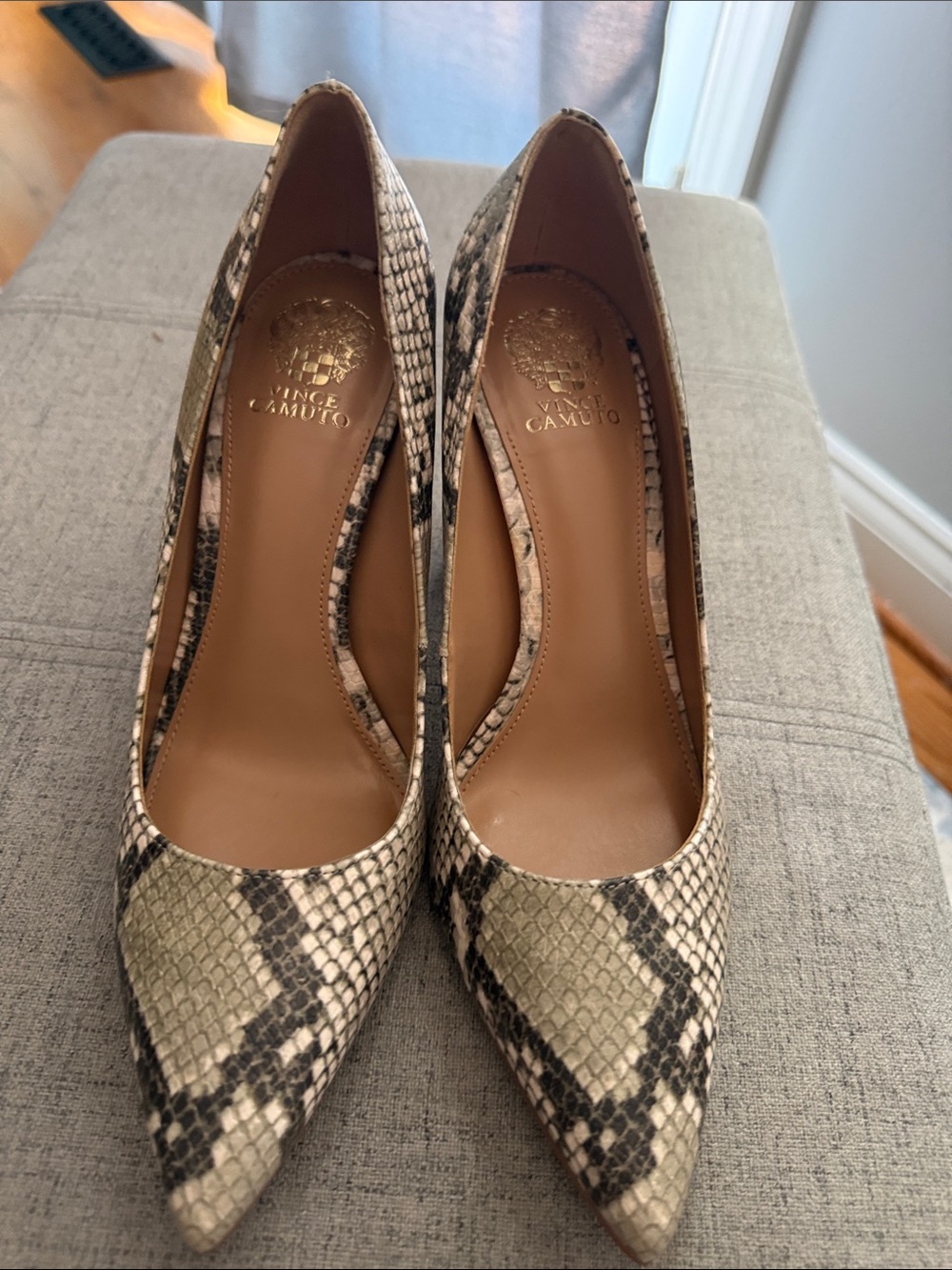 Vince Camuto Snake-Print Pointed Toe Pumps in Beige and Black Reptile 9.5